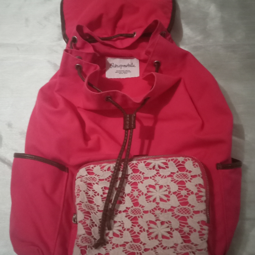 Aeropostale Backpack Pink White appliqués drawstring backpack brown faux leather